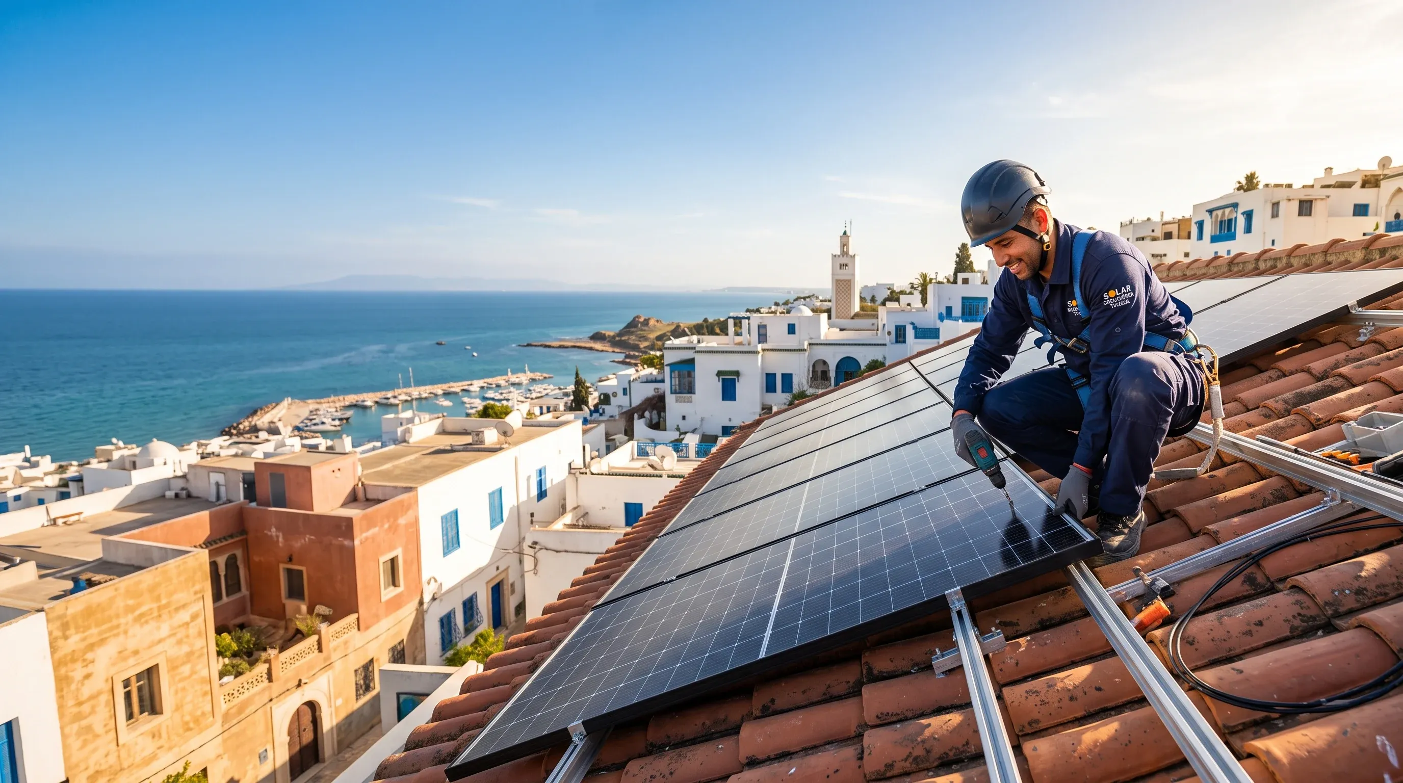 Technicien installant des panneaux solaires sur un toit résidentiel en Tunisie, vue sur une ville côtière